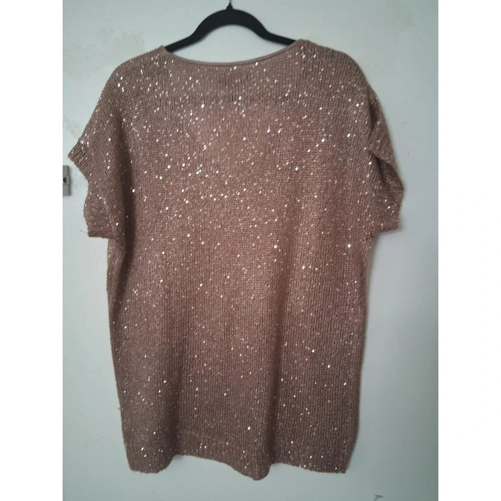 Jeans by Buffalo Womens Sequin V-Neck Short Sleeve Knit Sweater Top Taupe L - Picture 8 of 8